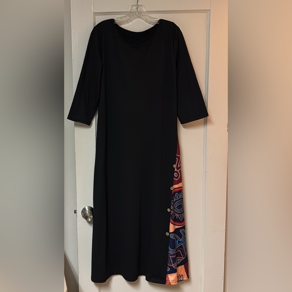 Long Black Knit dress 3/4 Sleeve with Colorful Print Insert Button Detail Size L - Picture 11 of 11